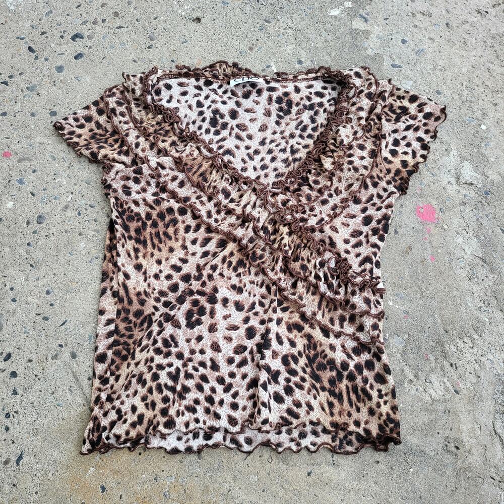 Leopard Print Blouse Shirt Size S Tan Black CLIO Summer Top Cheetah Animal